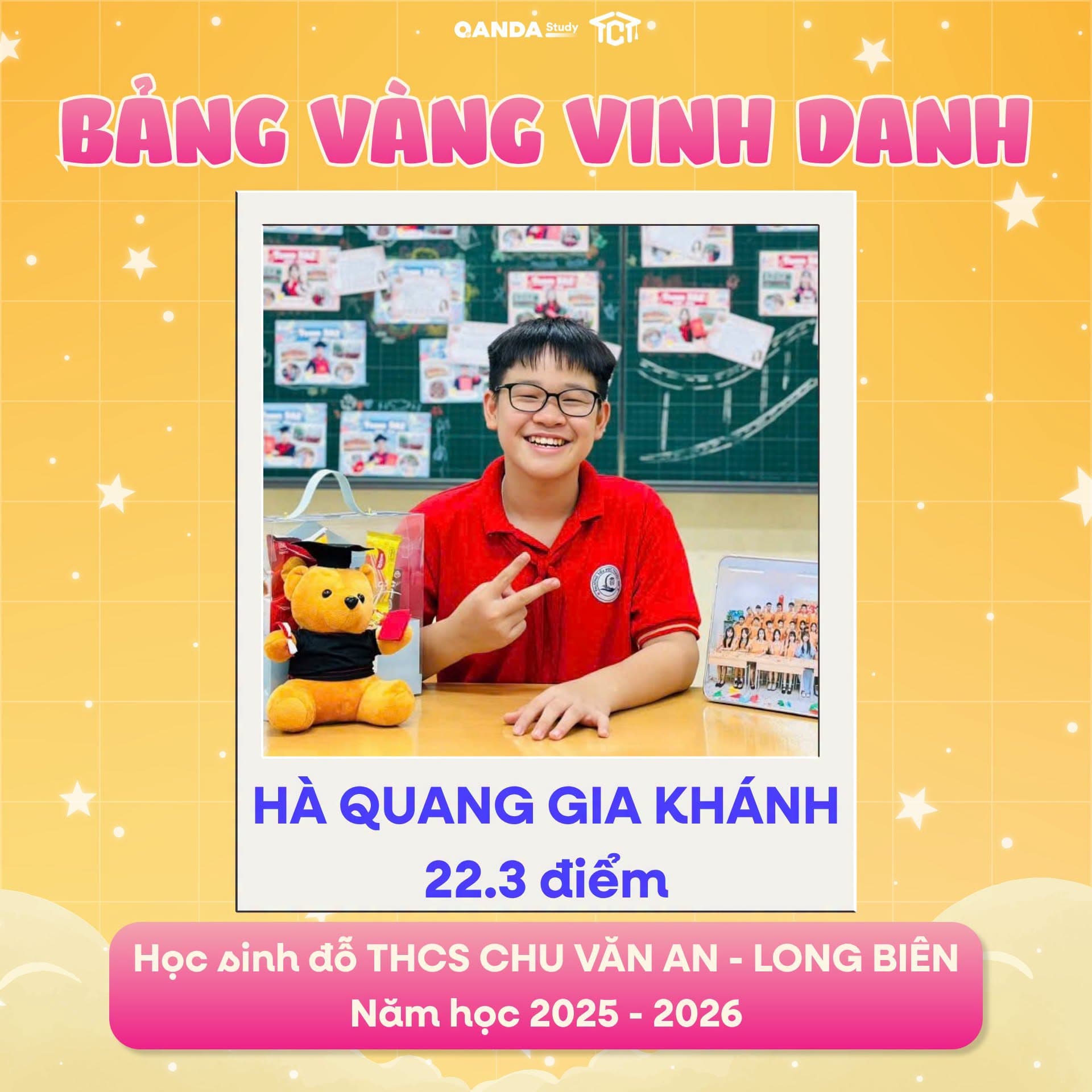 Ảnh vinh danh học sinh Hà Quang Gia Khánh tại Bảng Vàng Vinh Danh TCT Education