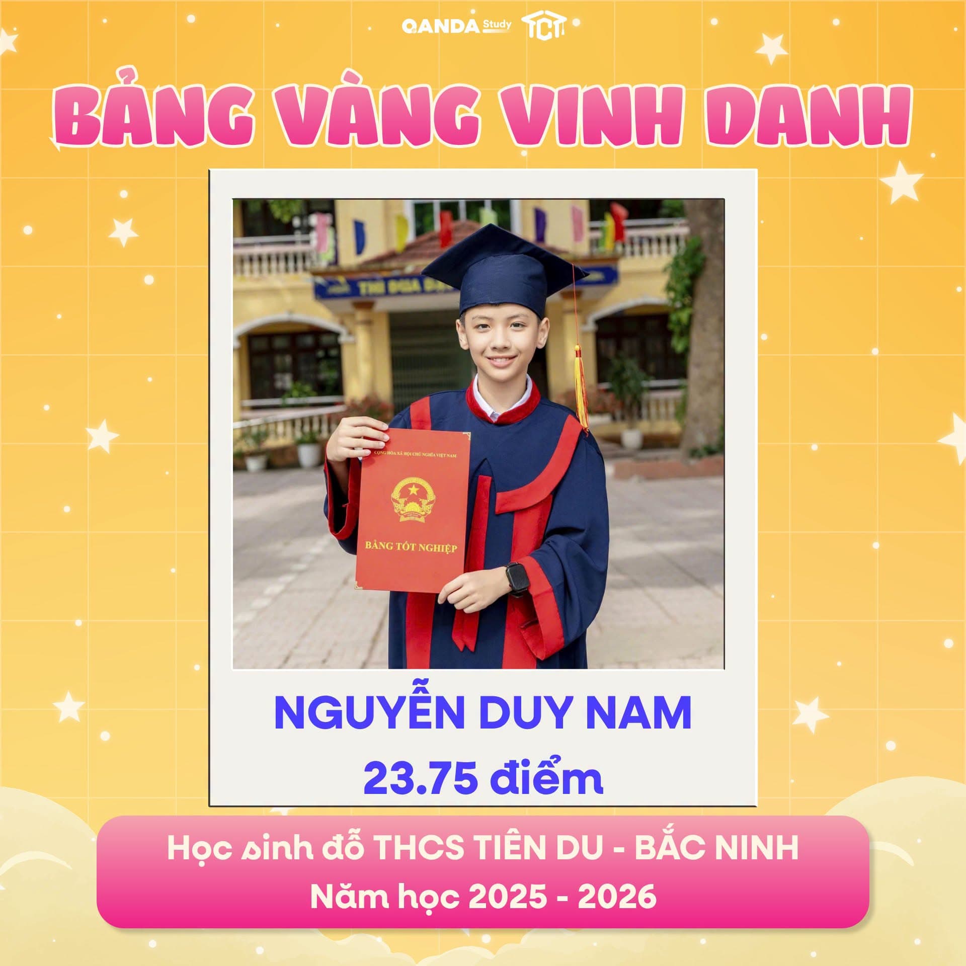 Ảnh vinh danh học sinh Nguyễn Duy Nam tại Bảng Vàng Vinh Danh TCT Education