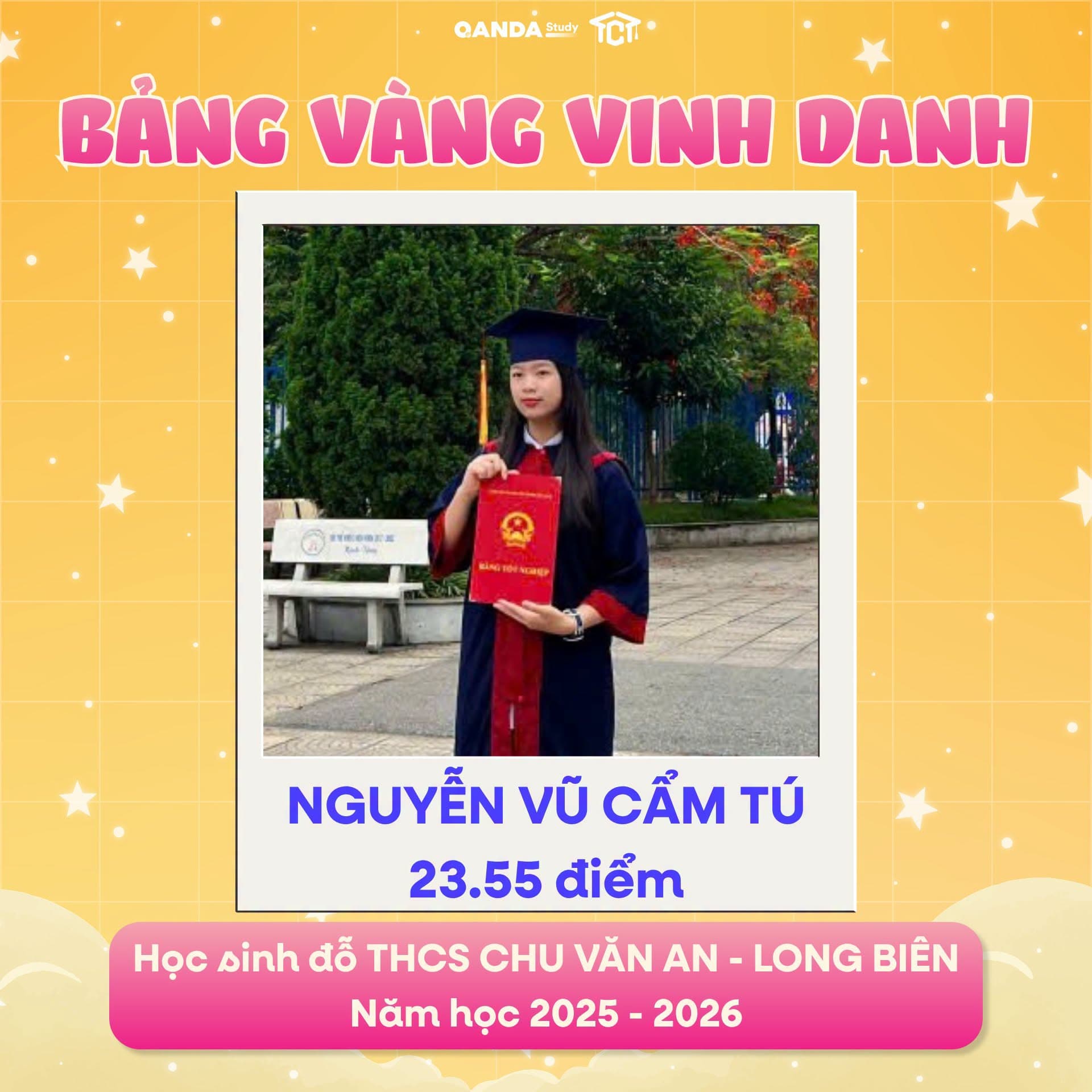 Ảnh vinh danh học sinh Nguyễn Vũ Cẩm Tú tại Bảng Vàng Vinh Danh TCT Education